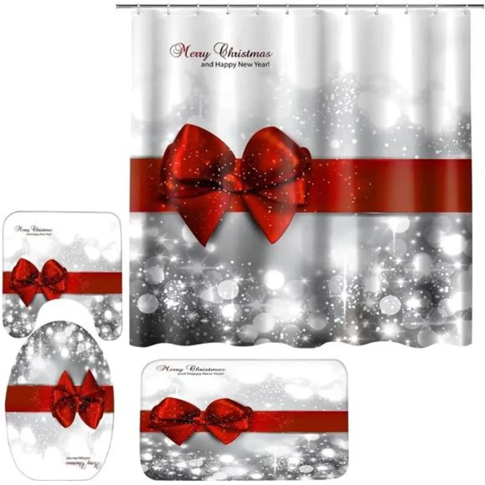 4pcs Christmas Shower Curtain Sets Holiday Bathroom Decoration